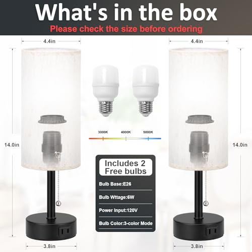 Fenmzee White Silver Bedside Table Lamps Set of 2-3 Color Temperatures Pull Chain Lamp with AC Outlet Charging Port, Two Round Night Stand Lamps for Bedroom, Small Bed Side Light with E26 LED Bulbs