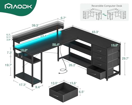 AODK 53" L Shaped Desk with Drawer, Computer Desk with Power Outlets & LED Lights, Reversible Corner Gaming Desk for Home Office Workstation, Office Desk with Monitor Shelf, Pure Black