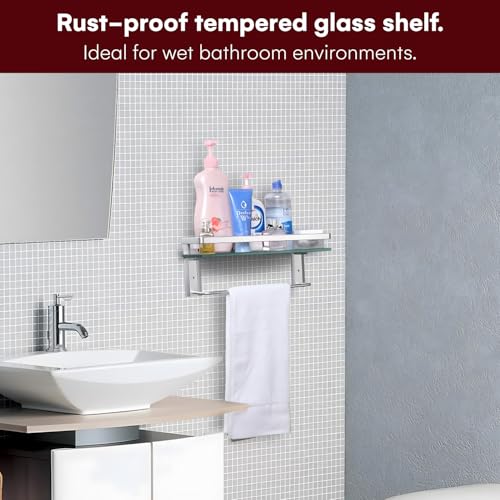 Vdomus Glass Bathroom Shelf with Hand Towel Bar, Rectangular Wall Mounted Bathroom Shelf Storage Extra Thick Tempered Glass, 15.2x4.5 inches with Brushed Silver Finish