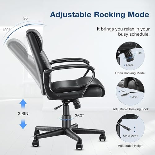 OLIXIS Executive Office Chair with Padded Armrests Mid Back Lumbar Support and Adjustable Height & Tilt Angle, PU Leather Swivel Rolling, Modern Black
