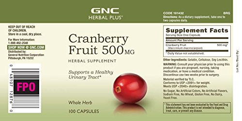 GNC Herbal Plus Whole Herb Cranberry 500mg 100 Capsules