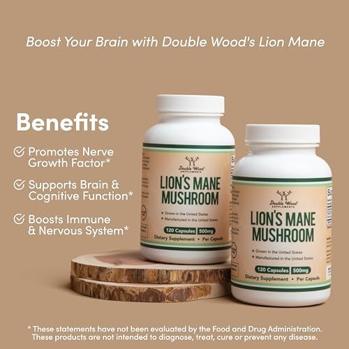 Organic Lions Mane Supplement - Grown in The USA - Two Month Supply - 120 Count - Mushroom Supplement for Brain Support and Immune Health (Third Party Tested) by Double Wood