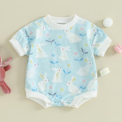 Infant Baby Girl Boy Easter Outfit Cute Bunny T Shirt Romper Oversized Bubble Onesie Floral Short Sleeve Bodysuit (Blue White Rabbit Print, 0-3 Months)