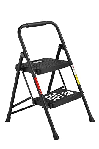 BONTEC 2-Step Ladder, Folding Step Stools for Adults with Wide Anti-Slip Pedals, Max Load Capacity 600lbs Sturdy Steel Ladder, Lightweight, Convenient Handle, Portable Steel Step Stool, Black