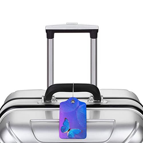 Blue and Purple Luggage Tags with Butterfly Print, Beautiful Violet Suitcase Tags with Privacy Cover Id Card Stainless Steel Loop, 2 Pack Identifiers Tags with Name ID Labels for Women Girls Travel