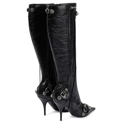 Kluolandi Women's Stiletto High Heel Knee High Boots with Tassel Pointy Toe Studded Zipper Booties Dress Shoes Black Size 11