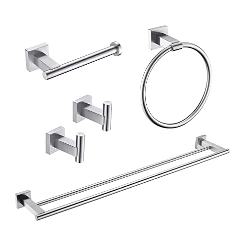 Hoooh 5-Piece Bathroom Accessories Set Brushed Stainless Steel Wall Mount - Includes Double Towel Bar, Towel Ring, Toilet Paper Holder, 2X Robe Hooks, BS101S5-BN