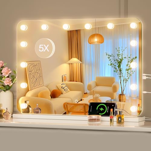 28''X20'' Hollywood Vanity Mirror with Lights, Lighted Makeup Mirror with 14 Dimmable LED Bulbs, 3 Color Lighting Modes & Stepless Dimming, USB & Type-C Charging Port, Wall Mounted Or Tabletop