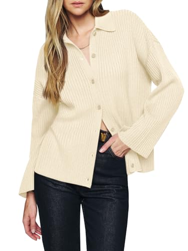 Danedvi Womens Collared Cardigan Sweaters Oversized Ribbed Knit Open Front Button Up Bell Sleeve Outwear Grey