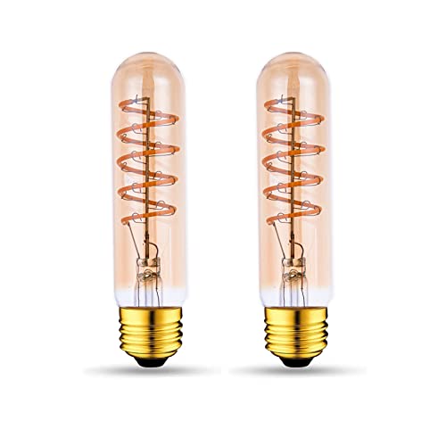 T10 LED Bulbs 40 Watt Equivalent 4W Dimmable Edison Tubular Light Bulb E26 Medium Base 2700K Warm White, T10 Vintage Amber Glass Spiral Filament LED Light Bulb, 2 Pack