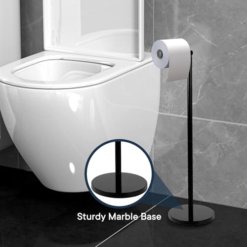Toilet Paper Holder Stand with Weighted Natural Marble Base, Bathroom Free Standing Toilet Paper Roll Holder with Reserve, Standing Toilet Tissue Holder with Storage (Black, with Storage)