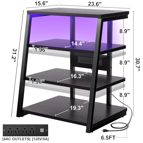 armocity 4-Tier AV Media Stand with Power Strips, Corner TV Stand with LED Lights, Rack Audio Tower with Adjustable Shelves, Corner Entertainment Center, 30'', Black Ebony