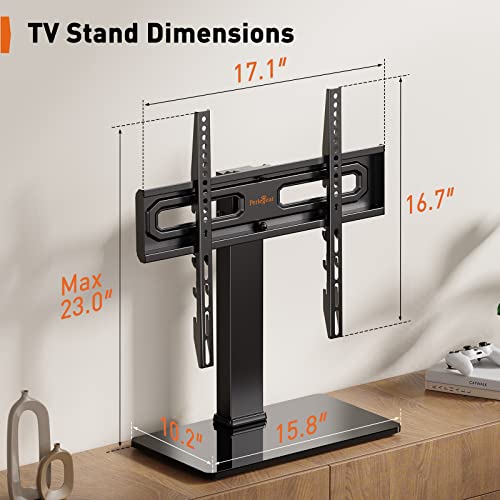 Perlegear TV Stand Mount, Universal Swivel TV Stand for 32–60,65 Inch LCD/LED/OLED TVs up to 88 lbs, Tabletop TV Stand with Tempered Glass Base, Height Adjustable TV Base with Tilt, Max VESA 400x400mm