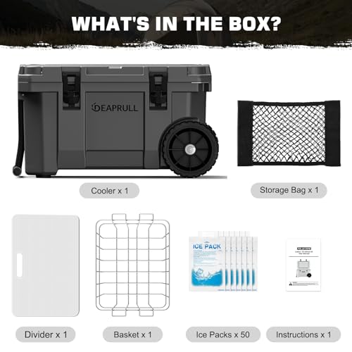 55 Quart Cooler with Wheels, Ice Chests Portable Camping Cooler Holds Ice up to 6 Days, Leak-Proof Insulated Cooler with Handle Cup Holders, Hard Cooler for Outdoor Camping, Beach, Boat, Grey