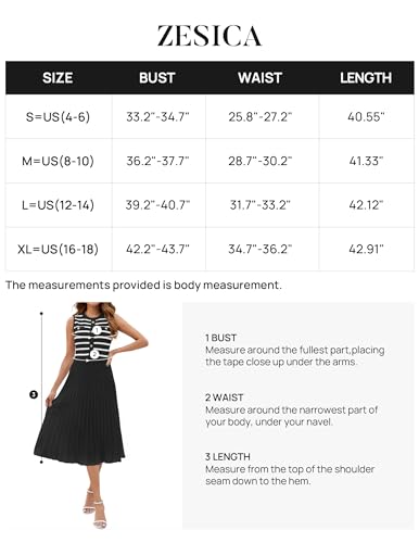 ZESICA Women's Sleeveless Striped Midi Dress Summer Crewneck Button Knit Swing Pleated A Line Casual Dresses,Beige,Small