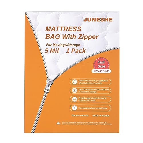 JUNESHE Full Mattress Bag for Moving and Storage Cover -5 Mil Zipper Plastic Waterproof Mattress Storage Bag,77x56x14 inches,1 Pack