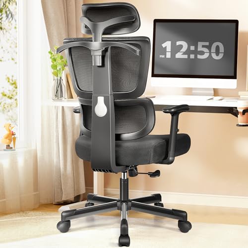 Primy Office Chair Ergonomic Desk Chair, High Back Computer Gaming Chair, Comfy Big and Tall Home Office Chair with Lumbar Support, Breathable Mesh Reclining Chair Adjustable Armrests Headrest (Black)