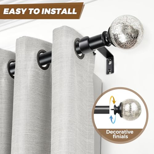 KAMANINA 1 Inch Curtain Rod 32 to 58 Inches (2.6-4.8ft), Black Curtain Rods for Windows, Single Drapery Rods with Crackle Glass Finials