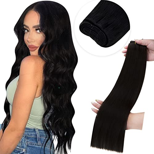 LaaVoo Human Hair Extensions Sew in 14 Inch 80g Hand Tied Weft Hair Extensions Human Hair Light Brown Highlights with Blonde Sew in Hair Extensions Real Human Hair Double Weft