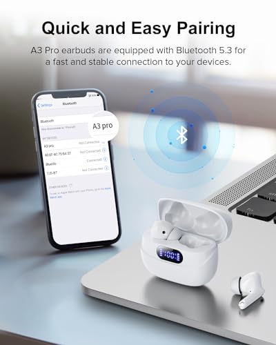 TUMJUN Wireless Earbuds, 42H Playtime Bluetooth 5.3 Headphones, HiFi Stereo Call Noise Cancelling Earbuds, IPX7 Waterproof Stereo in-Ear Earphones with LED Display for iOS Android Cell Phone (Grey)