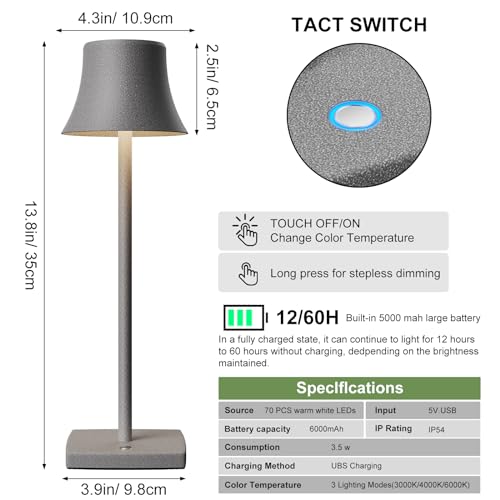 YIBEN Cordless Table Lamp, Rechargeable LED Battery 5000mAh USB Portable Powered Desk Lamp 3 Levels Brightness Light for Restaurants Bedroom Outdoor (2Pack Ferrous Gray)