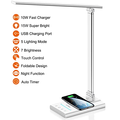 AFROG 5th Gen Multifunctional LED Desk Lamp with 10W Fast Wireless Charger, USB Charging Port,1800Lux Super Bright,5 Lighting Mode,7 Brightness, Touch Control, Auto Timer, 15W Office Table Lamp
