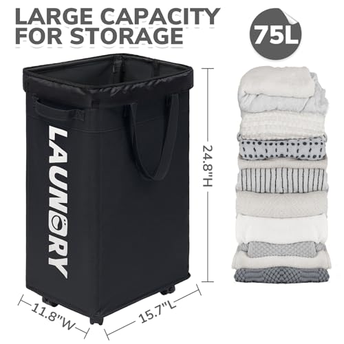CHICVITA 75L Slim Laundry Hamper with Wheels and Removable Wash Bag, Black Rolling Basket with Handle for Laundry Room