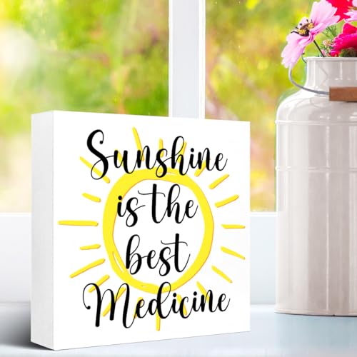 Rustic Spring Wood Block Signs,Sunshine is The Best Medicine Wooden Box Sign for Home Shelf Bedroom Tabletop Desk Decor,Farmhouse Sign Decor