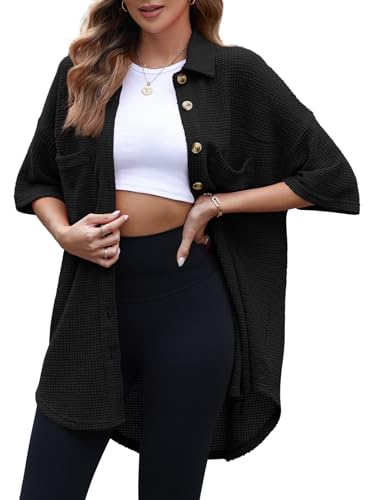 Dokotoo Women Waffle Knit Top 2024 Trendy Oversized 3/4 Bell Sleeve Button Down Black Shirts Fashion Solid Color Shirt with Pockets Ladies Loose Fit Shacket Tunic Blouses Small