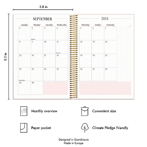 Burde Planner 2024 | Daily & Weekly Planner | Life Planner Pink Horizontal | 18 December 2023-5 January 2025 | Hardcover & Spiralbound A5 Format | Monthly & Yearly Overview | Stickers Included