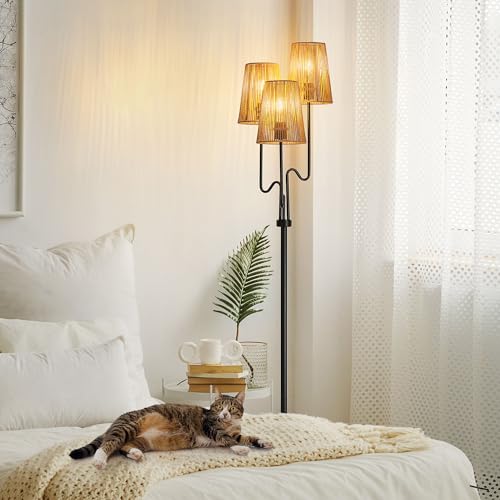 Rattan Floor Lamp, 68in. Boho Floor Lamps with Natural Shade, 3-Light Tree Lamp for Coastal, Beach or Bohemian Style Decor, E26 Socket, On/Off Footswitch Lamp for Living room, Bedroom (Bohemian-Black)