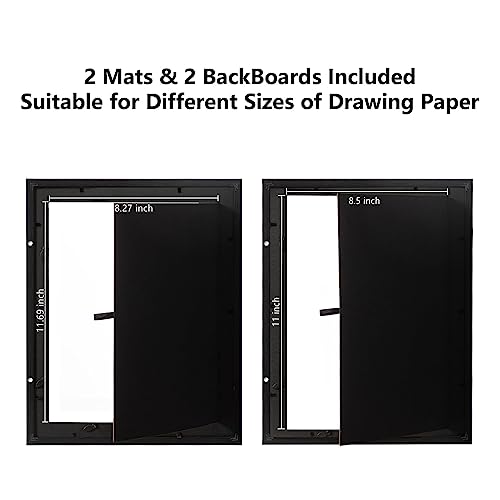 eletecpro 11x14 Kids Art Frame Front Opening with Glass Cover, Display Artwork 9x12 & 8x10 with Mat or 11x14 without Mat, Artwork Picture Frame Changeable with Storage for Wall and Tabletop, Black