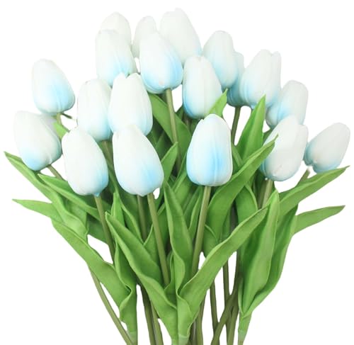 ALIERSA 10-Heads Home Decor Mini Tulip Real Touch Tulip Artificial Flowers Bouquets (Pink and White)