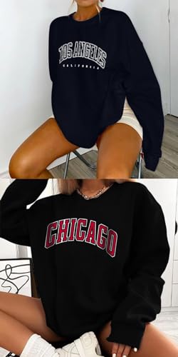 DOOLECK Women's Letter Graphic Print Sweatshirt Cute Chicago Oversized Pullover Crewneck Long Sleeve Tops for Teen Girl