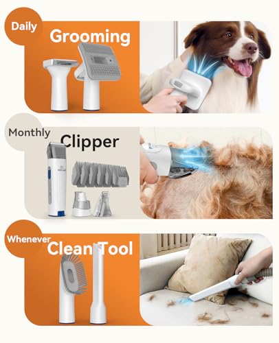 oneisall Dog Hair Vacuum & Dog Grooming Kit, Pet Grooming Vacuum with Pet Clipper Nail Grinder, 1.5L Dust Cup Dog Brush Vacuum with 7 Pet Grooming Tools for Shedding Pet Hair, Home Cleaning