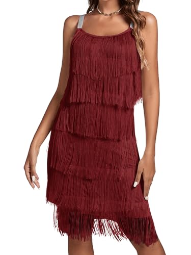 Umenlele Women’s 1920s Flpper Dress Gatsby Sleeveless All Over Tassel Tiered Fringe Cocktail Party Dress Wine Red# Small