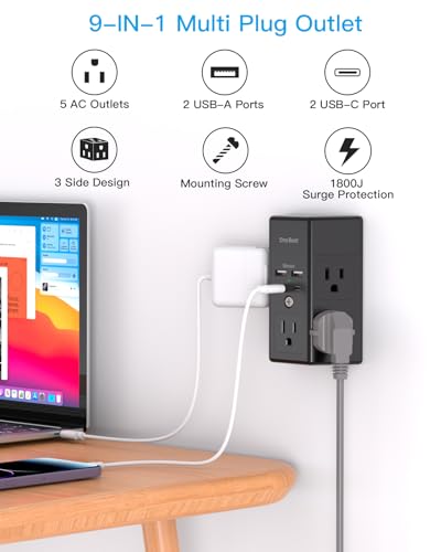 Multi Plug Outlet, Surge Protector, 5 Outlet Extender with 4 USB Charging Ports (2 USB C), USB Wall Charger, 3-Sided 1800J Power Strip Outlets Splitter Wall Plug Adapter Spaced for Home Office, Black