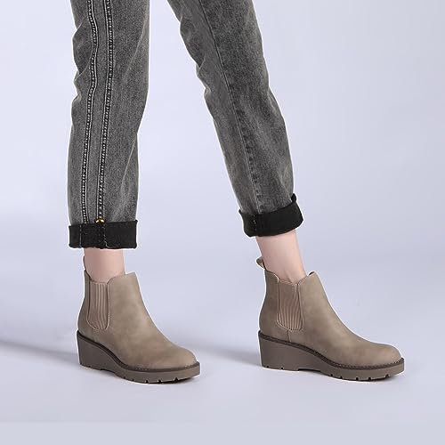 Athlefit Women's Chelsea Wedge Boots Elastic Platform Lug Sole Slip on Wedge Ankle Khaki Booties Size 11