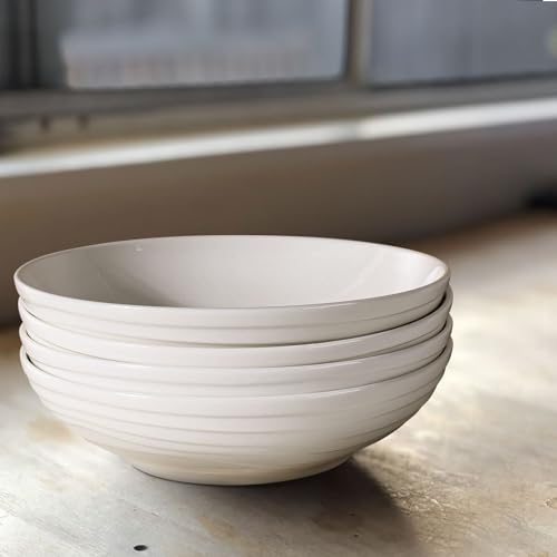 Artena Pasta Bowls 32oz, Ceramic Large Salad Bowls 8 inch, Soup Bowls Set of 4, White Serving Bowls for Entertaining, Wide Shallow Dinner Bowls Plates, Microwave Dishwasher Oven Safe, Embossed Circle