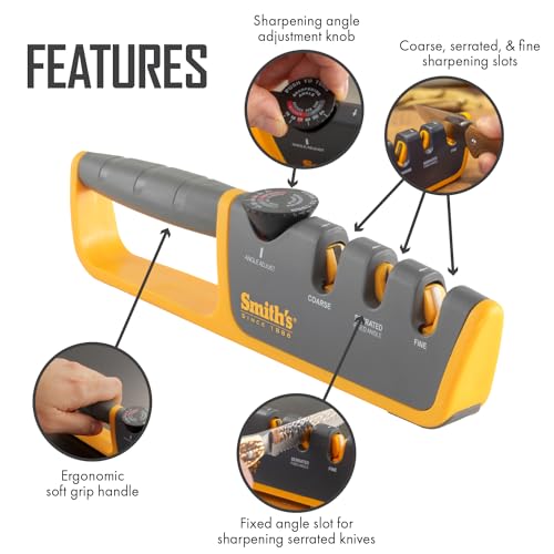 Smith's Adjustable Angle 2-Stage Knife Sharpener - Grey/Yellow, Restores Blades for Hunting, Pocket & Serrated Knives