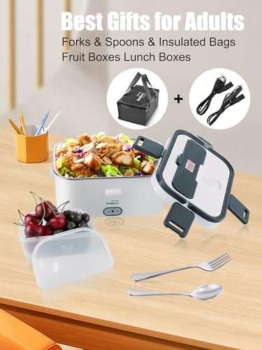 Buddew Electric Lunch Box 80W Food Heater 1.8L Large Capacity Heated Lunch Box 3 in 1 12V/24V/110V Portable Lunch Warmer for Car/Truck/Home/Office with Carry Bag and Fork and Spoon (Gray)