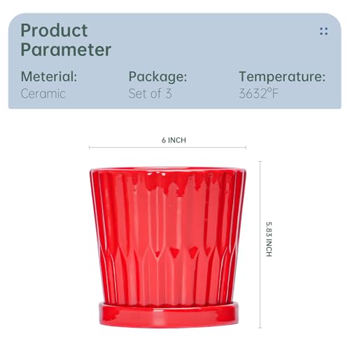 Ton Sin Plant Pots, 6 Inch Flower Pots for Plants,Ceramic Planter with Drainage Holes,Indoor Planter Pots with Saucer,Outdoor Garden Pots (Red, 4 Pack)