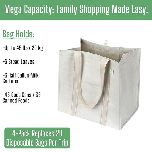 VENO 4 Pack Reusable Grocery Shopping Bag w/bottle holder, Hard bottom, Foldable, Multipurpose Heavy Duty Tote, Daily Utility bag, Stands Upright (4 Pack, Beige)