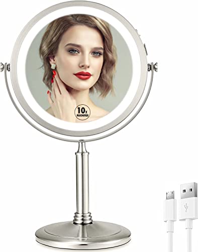 VESAUR Detachable 10X Lighted Makeup Mirror, 4000mAh High-capacity Cordless Rechargeable Vanity Mirror, 8" 2-Sided HD Magnifying Mirror with 3 Colors Dimmable, 360° Swivel Travel Make Up Mirror-Nickel