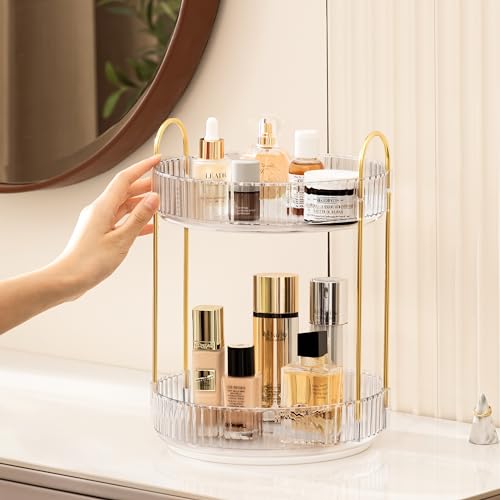 Vorey 360 Rotating Makeup Organizer Countertop Clear 2 Tier Bathroom Organizer Spinning Perfume Organizers, Skincare Organizers Makeup Carousel Cosmetic Brush Storage for Vanity, Countertop