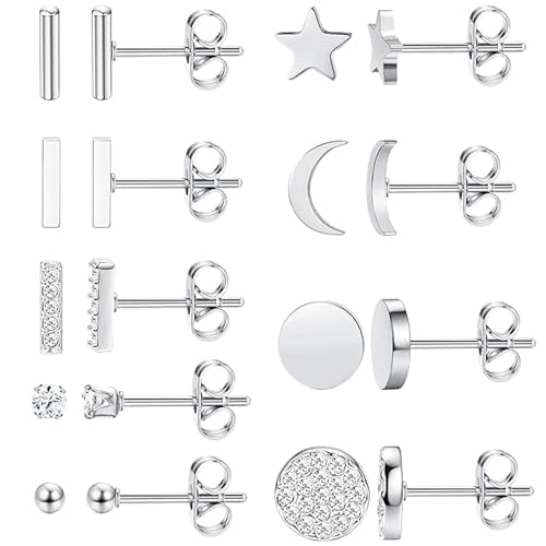 XINNSTAR 9 Pairs Stainless Steel Star Moon Stud Earrings for Women Cute Bar CZ Stud Hypoallergenic Cartilage Screw Back Earring Set for Girls Stylish Gift