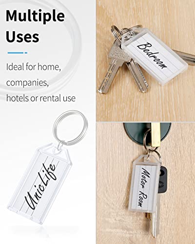 Uniclife 10 Pieces Key Tags 2 Inch Plastic Key Chain Tags with Ruled Blank Paper Labels Transparent Covers and Split Rings Sturdy Item Identifiers, White