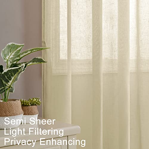 XWZO Faux Linen Semi Sheer Curtains 54 Inch for Living Room - Soft Privacy Enhancing & Light Filtering Window Curtains for Bedroom/Small Windows, Beige, 52 x 54 Inch Length, Set of 2 Panels