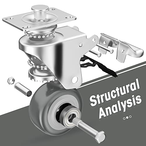 2 inch Caster Wheels, Casters Set of 4 Heavy Duty Locking Castors, Swivel Casters with Brake (Top Plate), Non Marking Grey TPR Castor Wheels for Cart Furniture Workbench