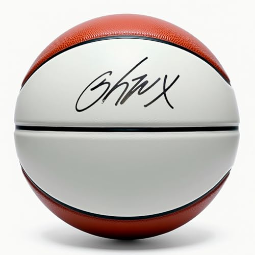 Autograph Blank Regulation Size Basketball with Base | Official Size 7 | Basketball Trophy for Signing with Two Large White and 6 Brown Panels